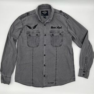 Hard Rock Cafe Shirt Size Large Gray Embroidered Vegas Rock Utility Button Down